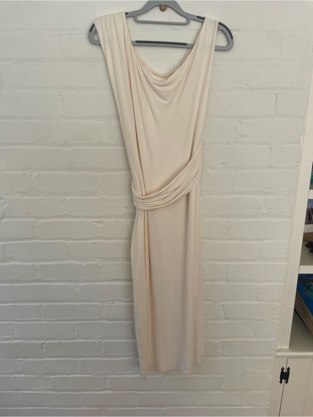 Lovers + Friends One-Shoulder Cream Draped Midi Dress